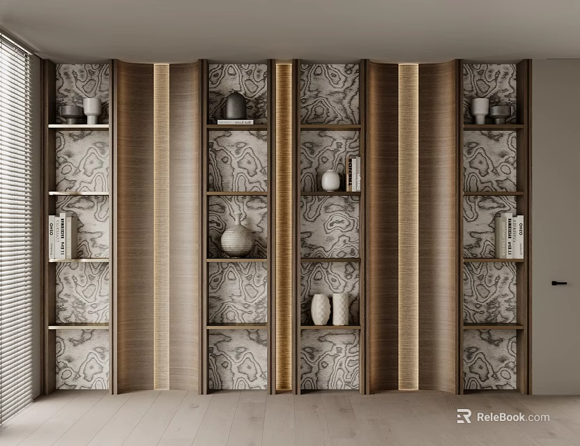 Elegant Wooden Decorative Cabinet With Patterned Panels Displaying Vases And Books 3d model 