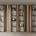 Elegant Wooden Decorative Cabinet With Patterned Panels Displaying Vases And Books