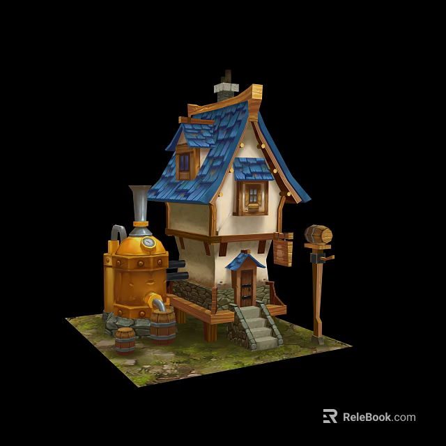 Cartoon House Scene With Blue Roof Yellow Steam Device Wooden Barrels Stone Steps And Mailbox 3d model 