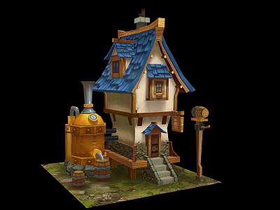 Cartoon House Scene With Blue Roof Yellow Steam Device Wooden Barrels Stone Steps And Mailbox 3d model