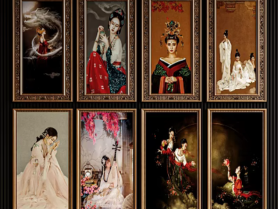 Multiple Classical Chinese Female Figure Paintings With Decorative Frames And Traditional Costumes 3d model