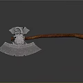 Ornate Metal Axe With Brown Wooden Handle And Detailed Decorative Design