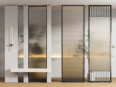 Modern Interior Room Dividers With Metal Grid Glass Panels And Decorative Plants 3d model