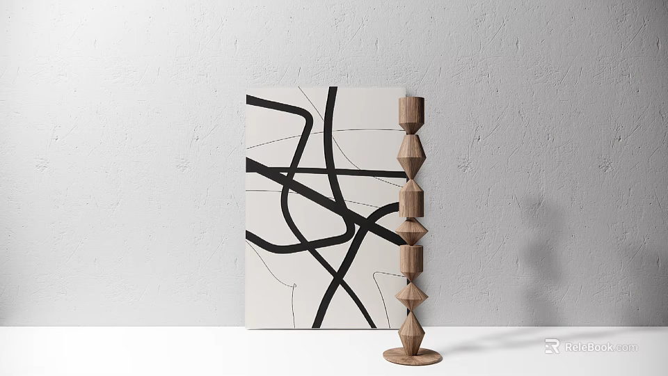 Abstract Black Line Painting With Wooden Multi Tiered Candlestick On White Background 3d model 