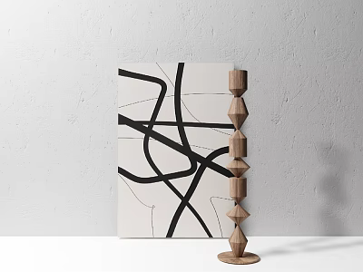 Abstract Black Line Painting With Wooden Multi Tiered Candlestick On White Background 3d model