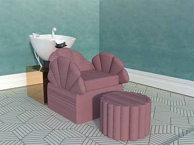 Pink Massage Chair With Ottoman In Room With Green Walls And Geometric Floor 3d model