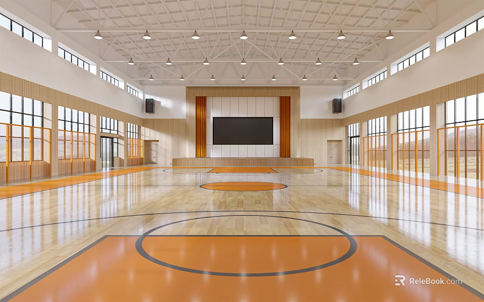 Bright Spacious Basketball Gymnasium With Orange Floor Court Lines Large Screen And Windows 3d model 