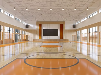 Bright Spacious Basketball Gymnasium With Orange Floor Court Lines Large Screen And Windows 3d model
