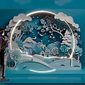 Person With Yellow Backpack Viewing Circular Paper Art With Trees House Birds And Illuminated Outline