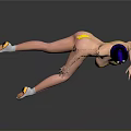 Woman With Purple Hair Yellow Headband And Yellow Outfit Posing On Black Reflective Surface
