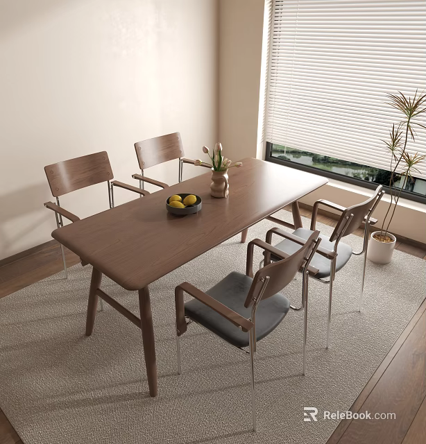 Modern Wooden Dining Table Set with Four Chairs Lemon Bowl Vase and Indoor Plant 3d model 