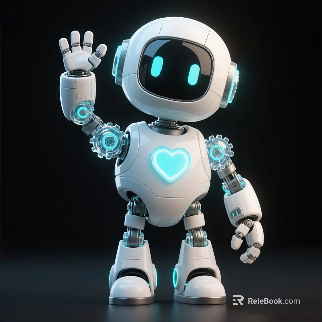 White Robot Game Movie Character with Glowing Blue Eyes Heart Shaped Chest Gear Details Waving 3d model 