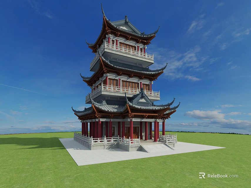 Ancient Chinese Architecture Multi Story Tower With Upturned Eaves Red Pillars Green Grass Blue Sky 3d model 