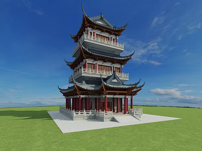 Ancient Chinese Architecture Multi Story Tower With Upturned Eaves Red Pillars Green Grass Blue Sky 3d model