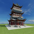 Ancient Chinese Architecture Multi Story Tower With Upturned Eaves Red Pillars Green Grass Blue Sky