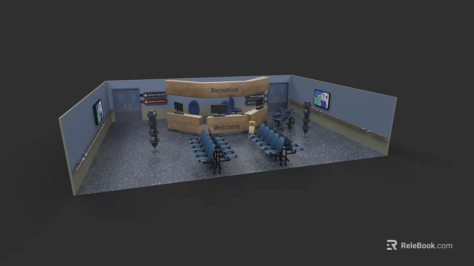 Spacious Outpatient Hall With Reception Desk Waiting Chairs And Welcome Sign 3d model 