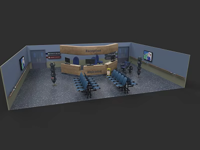 Spacious Outpatient Hall With Reception Desk Waiting Chairs And Welcome Sign 3d model