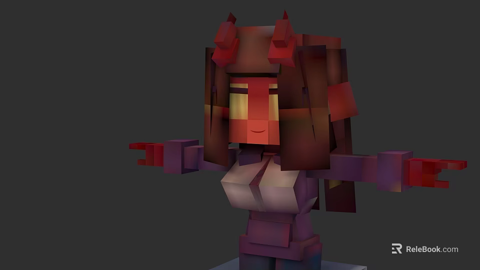 Game and Movie Character With Block Style Red Horns Long Brown Hair And Purple Outfit 3d model 