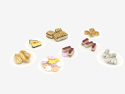 Assorted Delicious Desserts On White Plates Including Cake Slices Cookies And Star Shaped Pastries 3d model