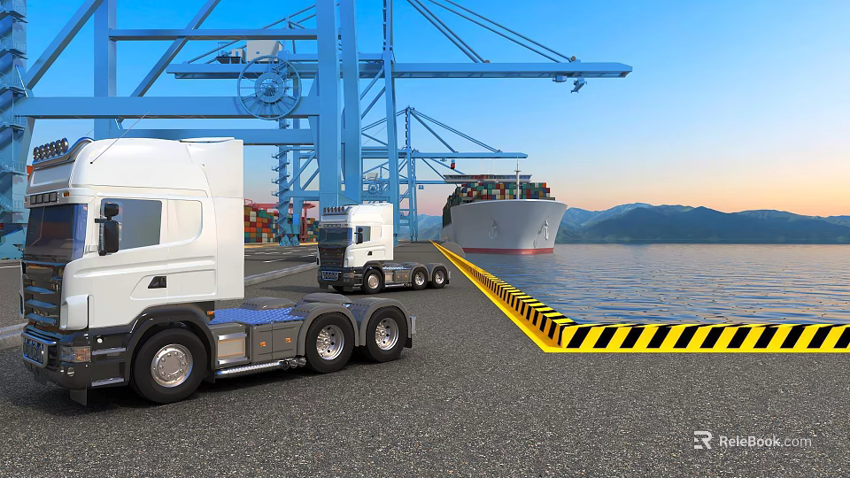 Functional Cargo Trucks Operating In Port With Ship And Cranes 3d model