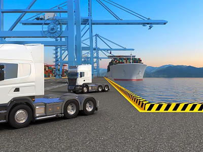 Functional Cargo Trucks Operating In Port With Ship And Cranes 3d model