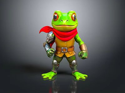 Cartoon Green Frog Character With Red Scarf Yellow Vest And Metal Armored Limbs 3d model