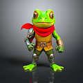 Cartoon Green Frog Character With Red Scarf Yellow Vest And Metal Armored Limbs