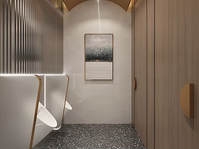 Modern Public Restroom With Wooden Partitions Wall Art And Speckled Floor 3d model