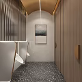 Modern Public Restroom With Wooden Partitions Wall Art And Speckled Floor