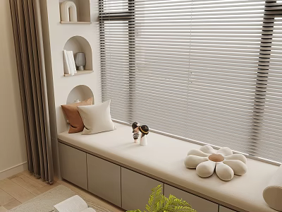 Cozy Modern Bay Window Seat Design With Cushions Pillows Stuffed Toy And Blinds 3d model