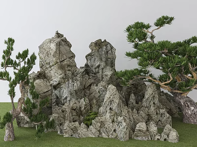 Decorative Garden Ornament With Natural Rock Formations And Pine Trees On Green Grass 3d model