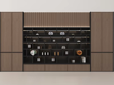 Modern Wooden Bookcase Design With Open Shelves Closed Cabinets And Decorative Items 3d model