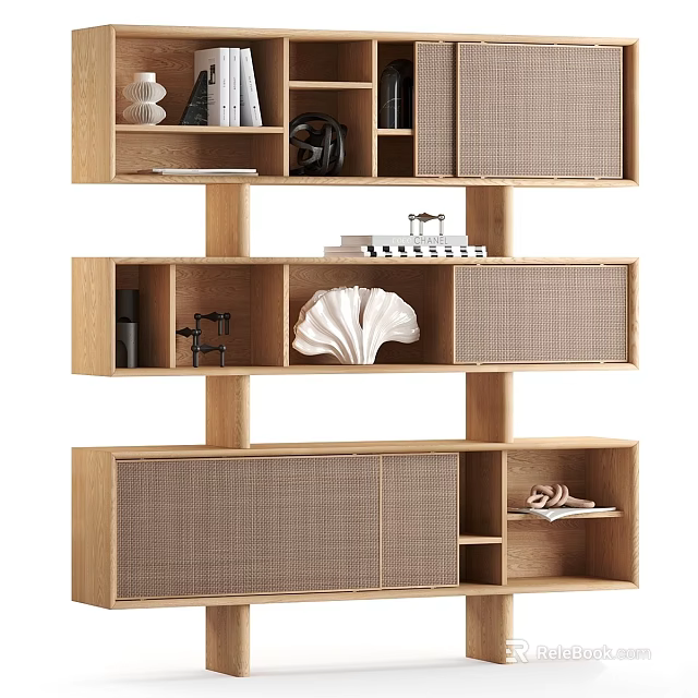 Modern Wooden Bookcase With Layered Open Shelves And Decorative Storage Compartments 3d model 