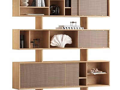 Modern Wooden Bookcase With Layered Open Shelves And Decorative Storage Compartments 3d model