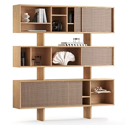 Modern Wooden Bookcase With Layered Open Shelves And Decorative Storage Compartments 3d model