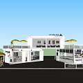 Modern White Container Building Cafe with Terrace Umbrellas and Glass Windows