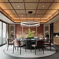 Elegant Private Dining Room Interior With Round Table Leather Chairs Circular Chandelier And Wooden Ceiling 3d model