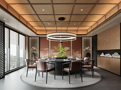 Elegant Private Dining Room Interior With Round Table Leather Chairs Circular Chandelier And Wooden Ceiling 3d model