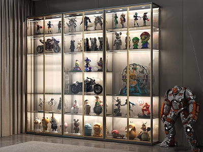 Modern Glass Display Cabinet with Collectible Figurines Motorcycle Models and Illuminated Shelves 3d model