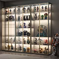 Modern Glass Display Cabinet with Collectible Figurines Motorcycle Models and Illuminated Shelves