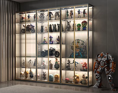Modern Glass Display Cabinet with Collectible Figurines Motorcycle Models and Illuminated Shelves 3d model