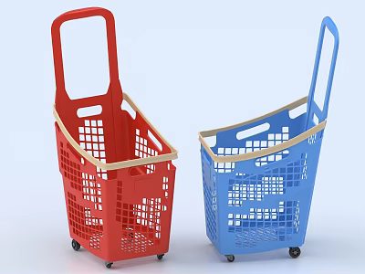 Red and Blue Plastic Shopping Baskets with Wheels Handles and Grid Design 3d model