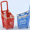 Red and Blue Plastic Shopping Baskets with Wheels Handles and Grid Design
