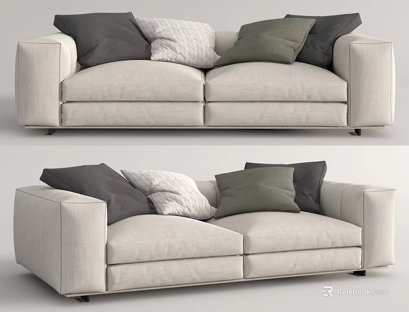 Light Gray Modern Two-Seater Sofa Interior With Dark Gray White Green Pillows 3d model 