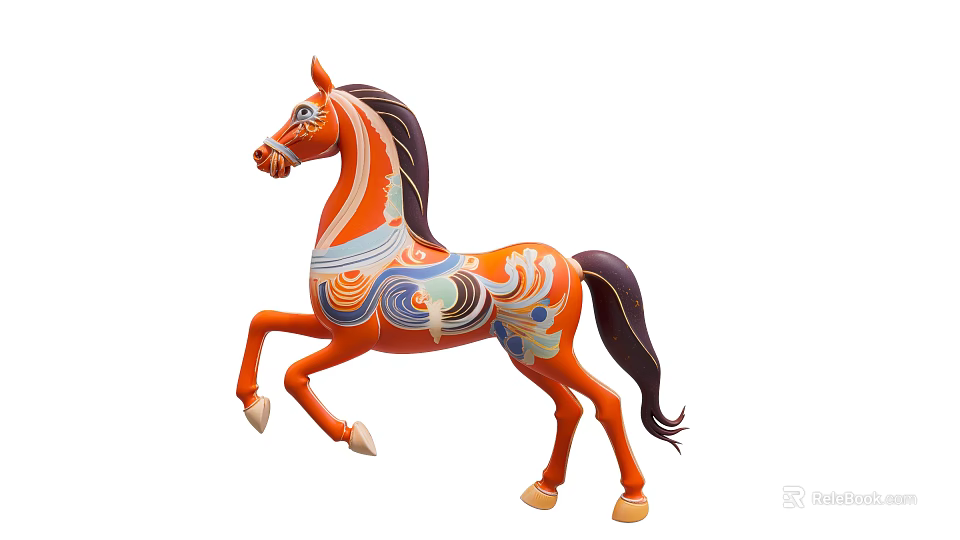 Decorative Orange Horse With Raised Front Legs And Colorful Patterns 3d model 