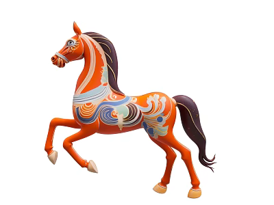 Decorative Orange Horse With Raised Front Legs And Colorful Patterns 3d model