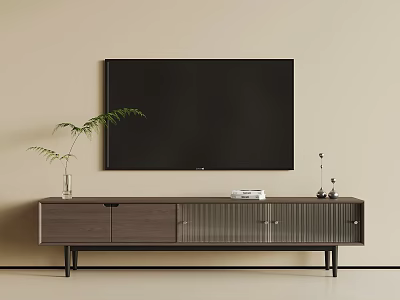 Modern TV Stand With Flat Screen TV Potted Plant Books And Decorative Items 3d model