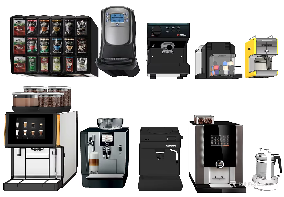 Modern Kitchen Appliances With Various Automatic Coffee Makers And Stylish Designs 3d model 