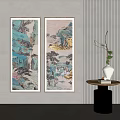 Two Traditional Chinese Landscape Paintings Hanging On Interior Wall Art