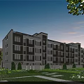 Modern Multistory Residential Building with Large Windows Surrounded by Greenery Lawns Trees Under Sunset Sky